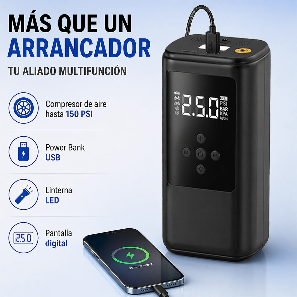 Arrancador de Emergencia para Auto con Inflador de Aire Integrado Negro