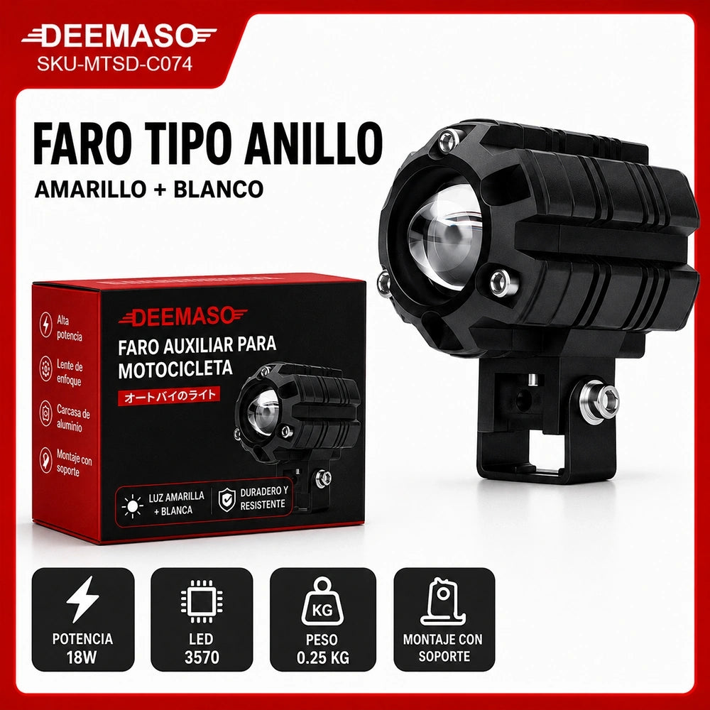 Faro Auxiliar LED Tipo Anillo 18W Amarillo y Blanco para Motocicleta DEEMASO – MTSD-C074