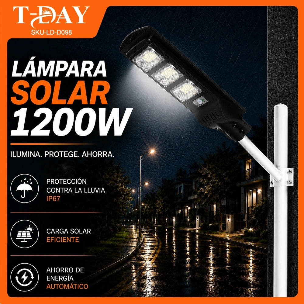 T-DAY Lámpara Solar LED Integrada 1200W para Patio Exterior con Sensor de Movimiento