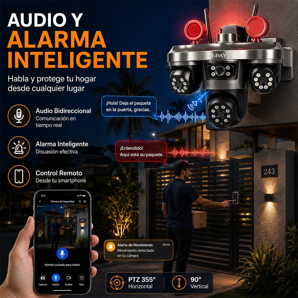 Cámara WiFi T-DAY FSJK-A027 Tres Lentes 4MP con Tres PTZ, Alarma y Parlante
