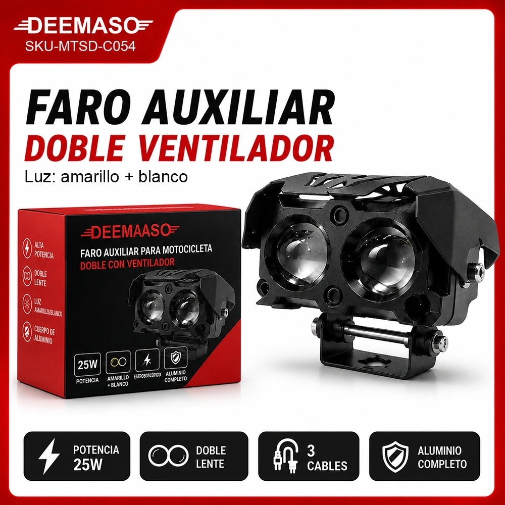 Faro Auxiliar LED Doble con Ventilador 25W para Motocicleta DEEMASO – MTSD-C054