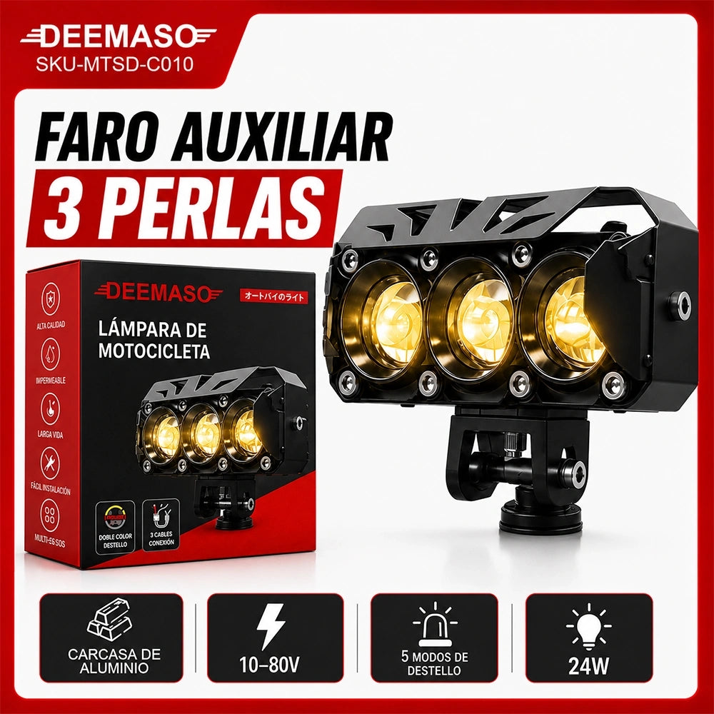Faro Auxiliar LED 3 Perlas 24W con 5 Modos para Motocicleta DEEMASO – MTSD-C010