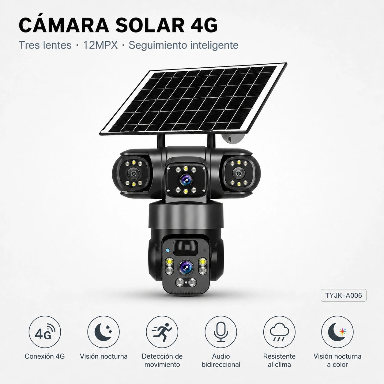 TDAY Cámara Solar 4G V380 Tres Lentes 12MPX TYJK-A006 con Seguimiento de Movimiento y Detección Humana AI