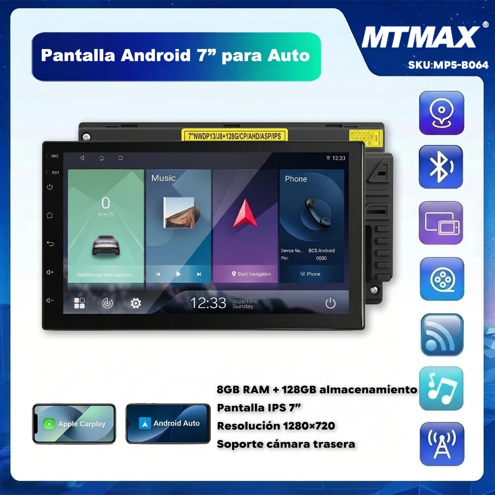 Reproductor MP5 para Auto 7” con CarPlay y Android Auto, GPS y Bluetooth