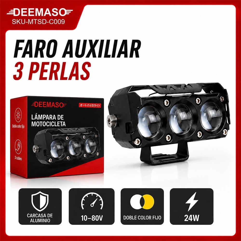 Faro Auxiliar LED 3 Perlas 24W para Motocicleta 10-80V DEEMASO – MTSD-C009