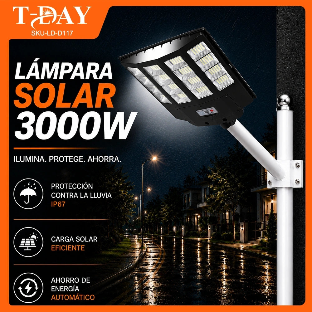 T-DAY Lámpara Solar LED Integrada 3000W para Patio Exterior con Sensor de Movimiento