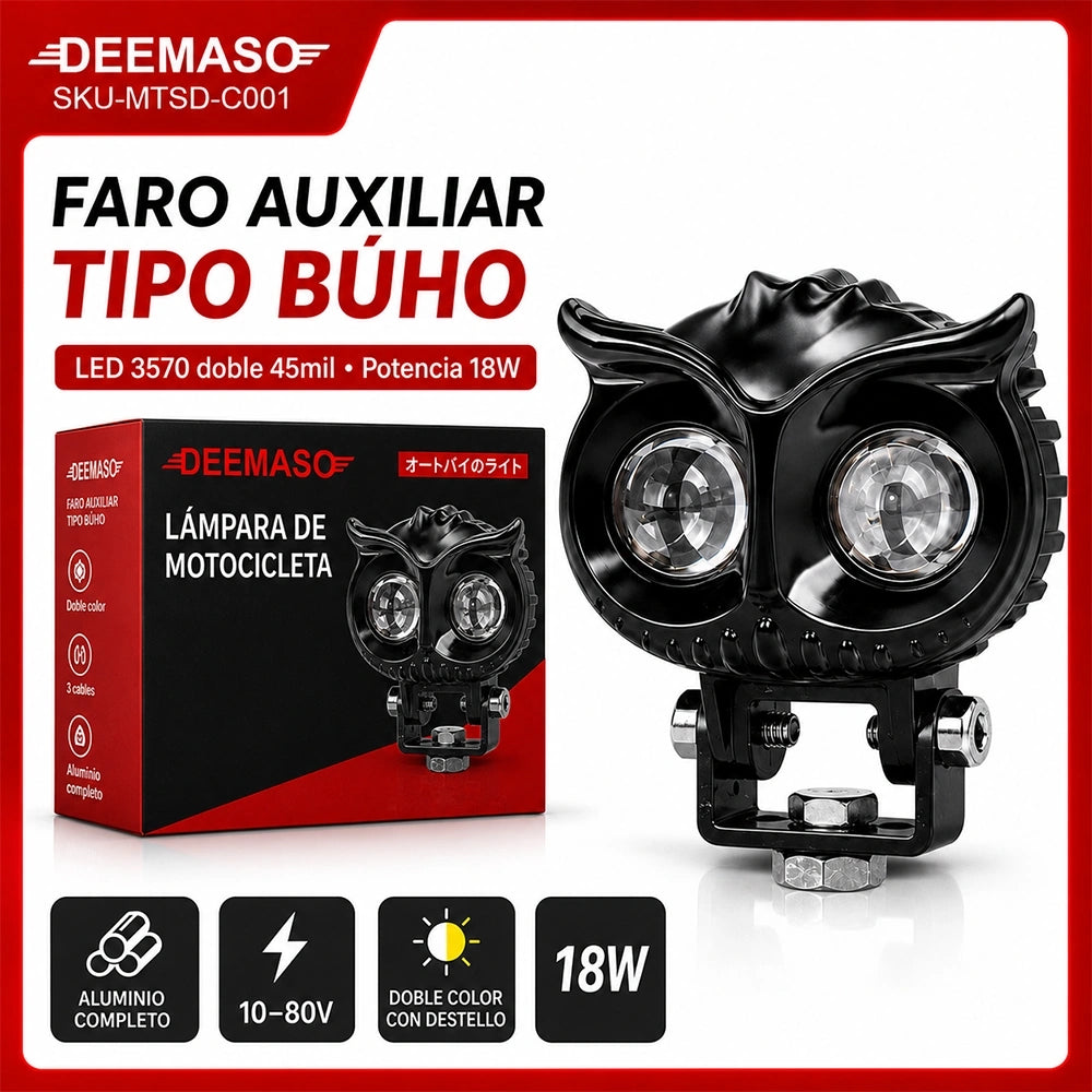 Faro Auxiliar LED Tipo Búho 18W para Motocicleta 10-80V DEEMASO – MTSD-C001