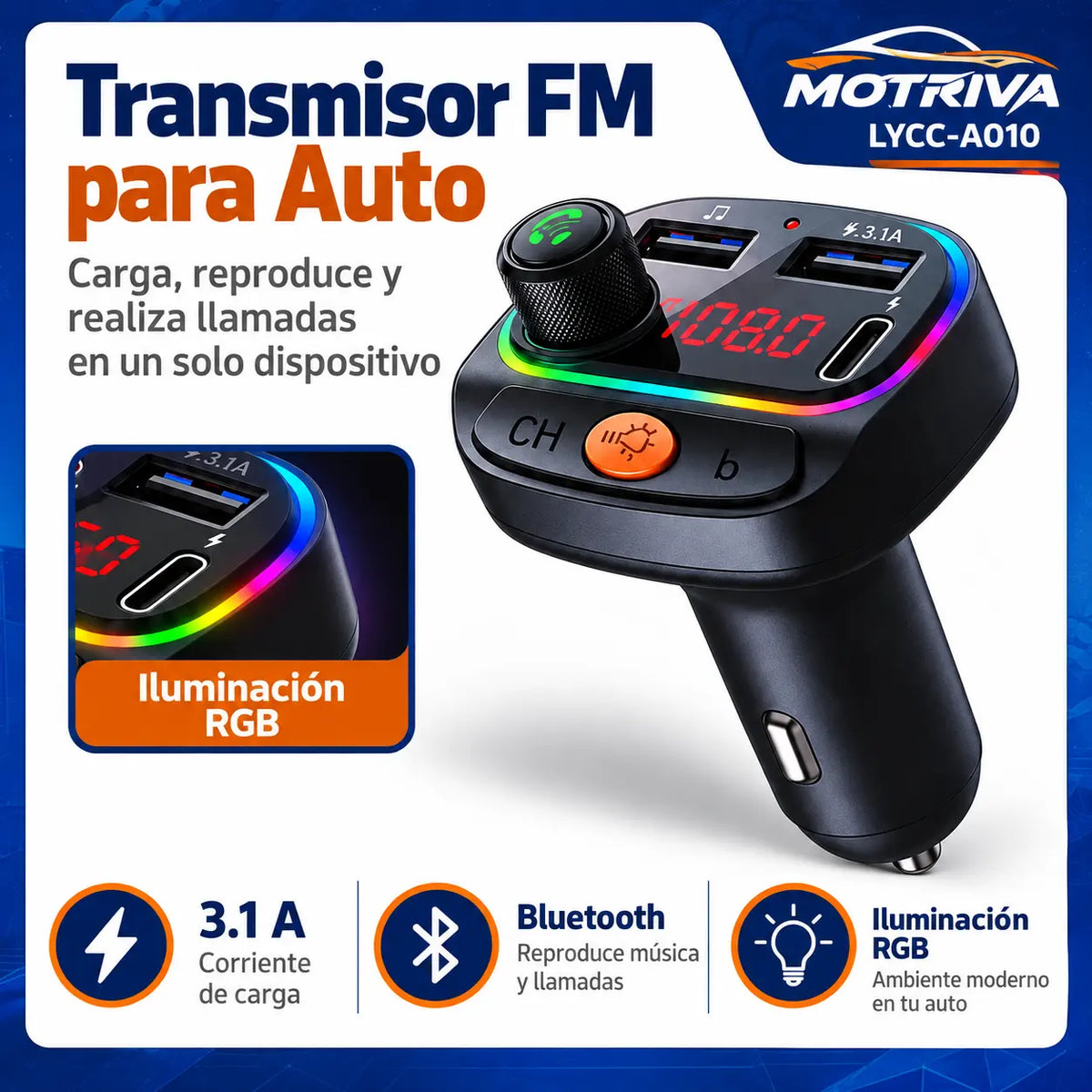 Transmisor FM Bluetooth para Auto MOTRIVA LYCC-A010