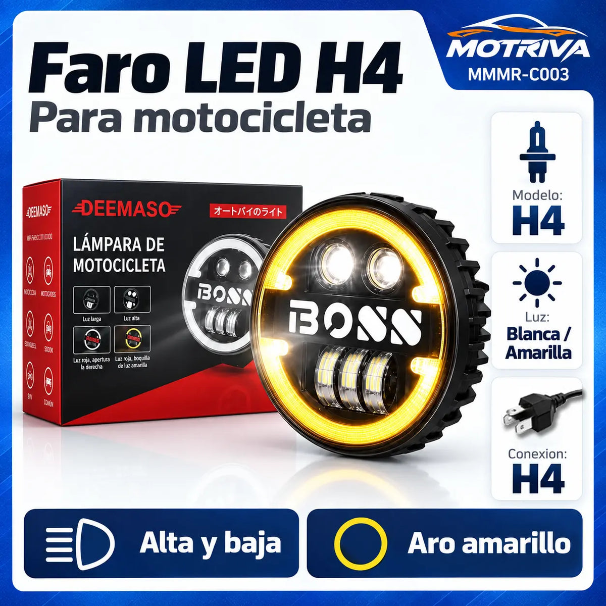 Faro LED H4 para Motocicleta DEEMASO con Alta/Baja, Luz Blanca y Aro Amarillo