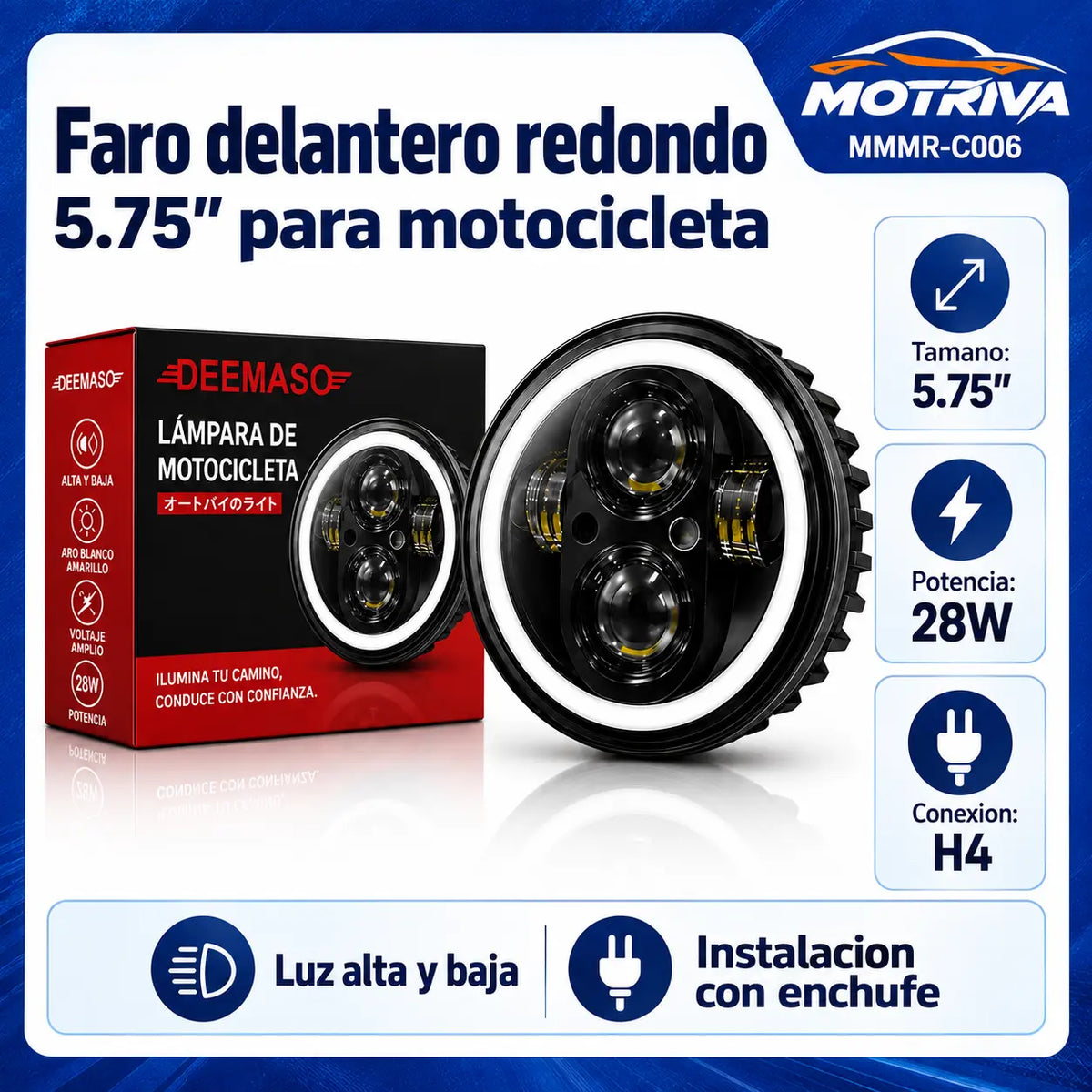 DEEMASO Faro Delantero Redondo 5.75” para Motocicleta 28W H4 Blanco/Amarillo