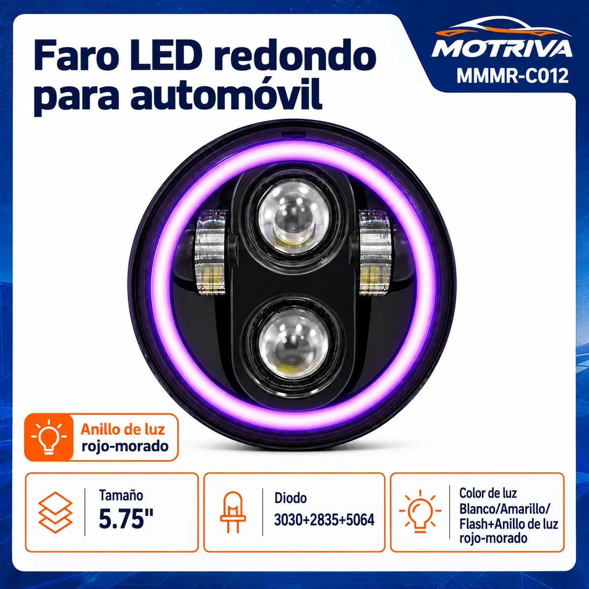 Faro LED Redondo con Anillo Rojo-Morado MOTRIVA MMMR-C012