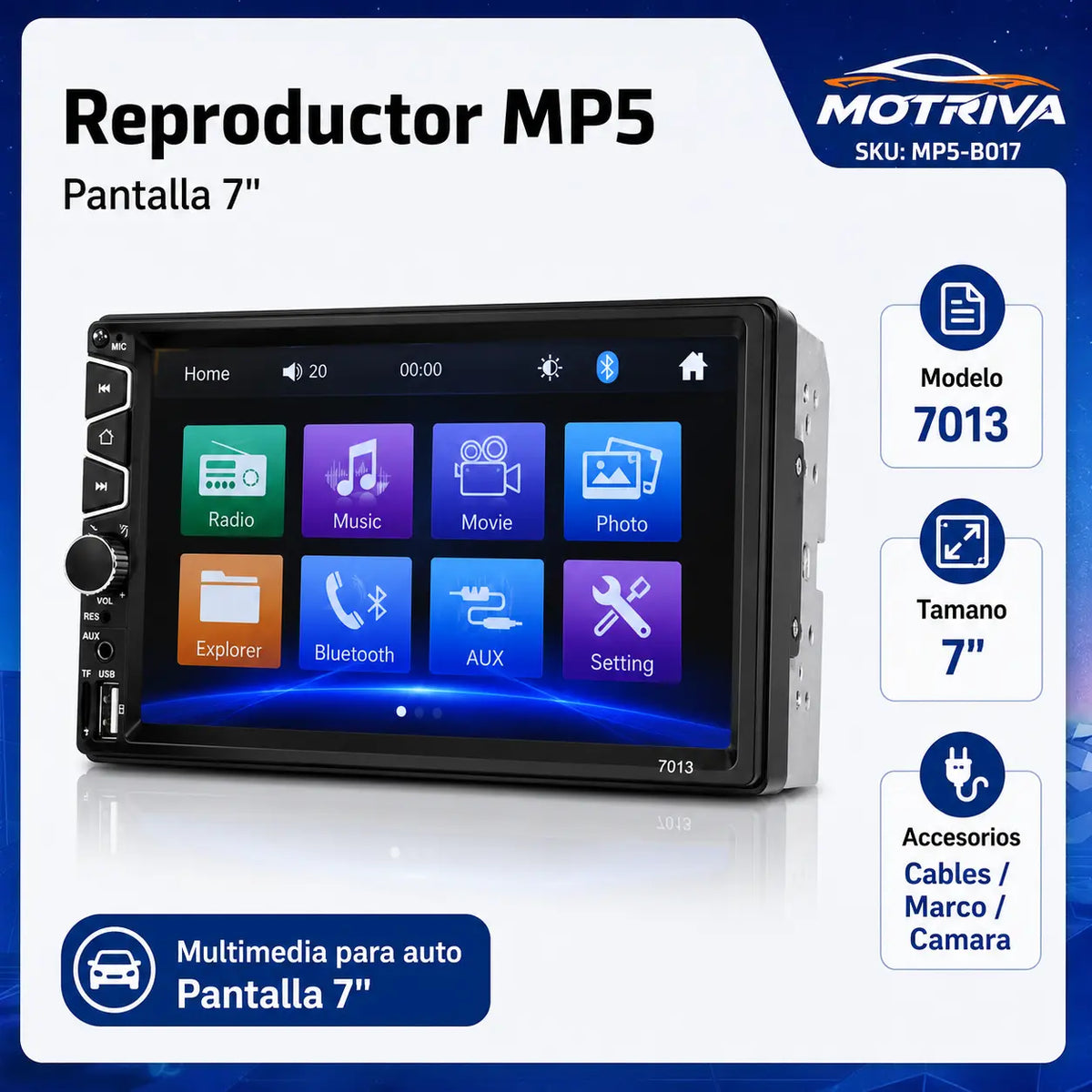 Reproductor MP5 7" Bluetooth con Cámara de Reversa para Auto – MP5-B017