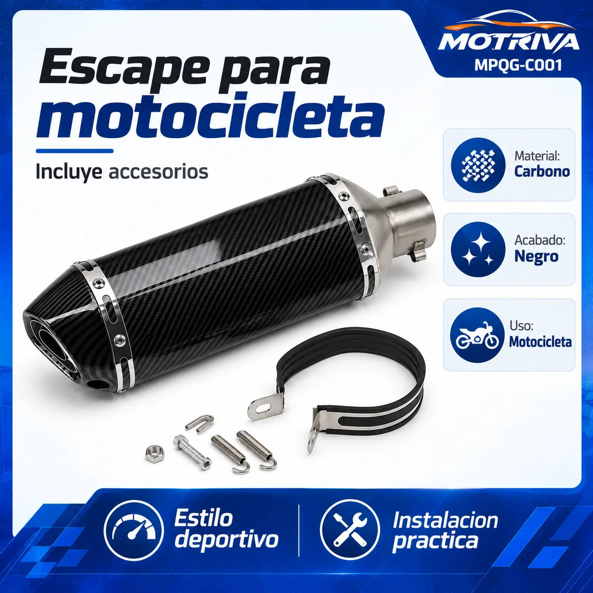 Escape Deportivo DEEMASO MPQG-C001 para Motocicleta con Diseño Fibra de Carbono y Silenciador
