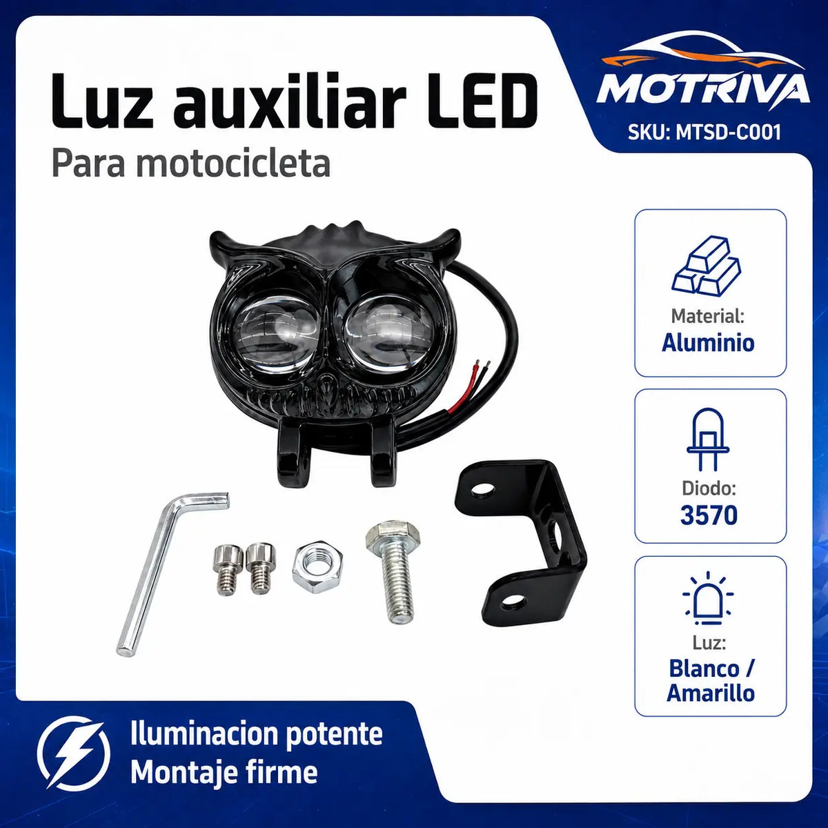 Luz Auxiliar LED MOTRIVA para Motocicleta Blanco y Amarillo MTSD-C001