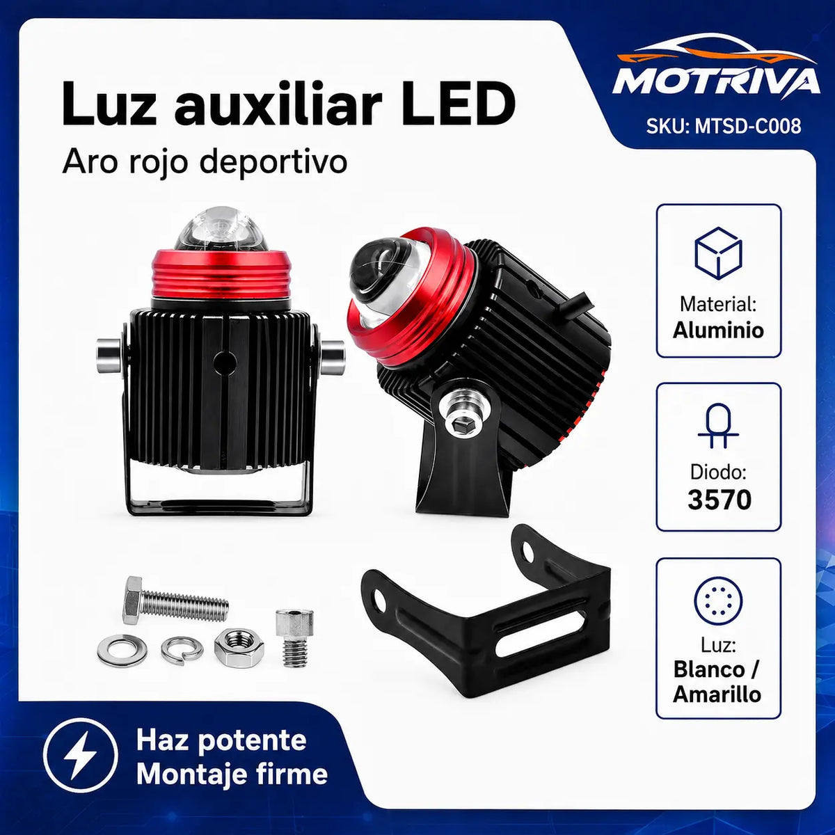 Luz Auxiliar LED MOTRIVA con Aro Rojo para Motocicleta MTSD-C008