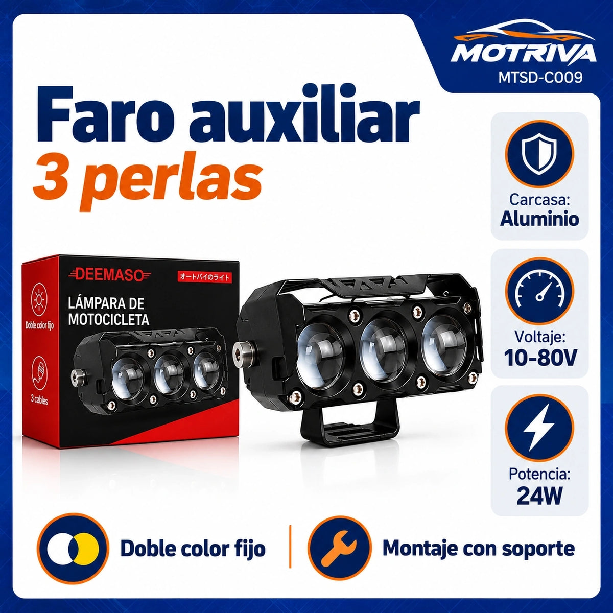 Faro Auxiliar LED 3 Perlas 24W para Motocicleta 10-80V DEEMASO – MTSD-C009