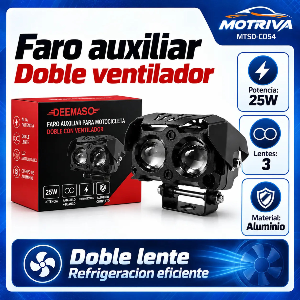 Faro Auxiliar LED Doble con Ventilador 25W para Motocicleta DEEMASO – MTSD-C054