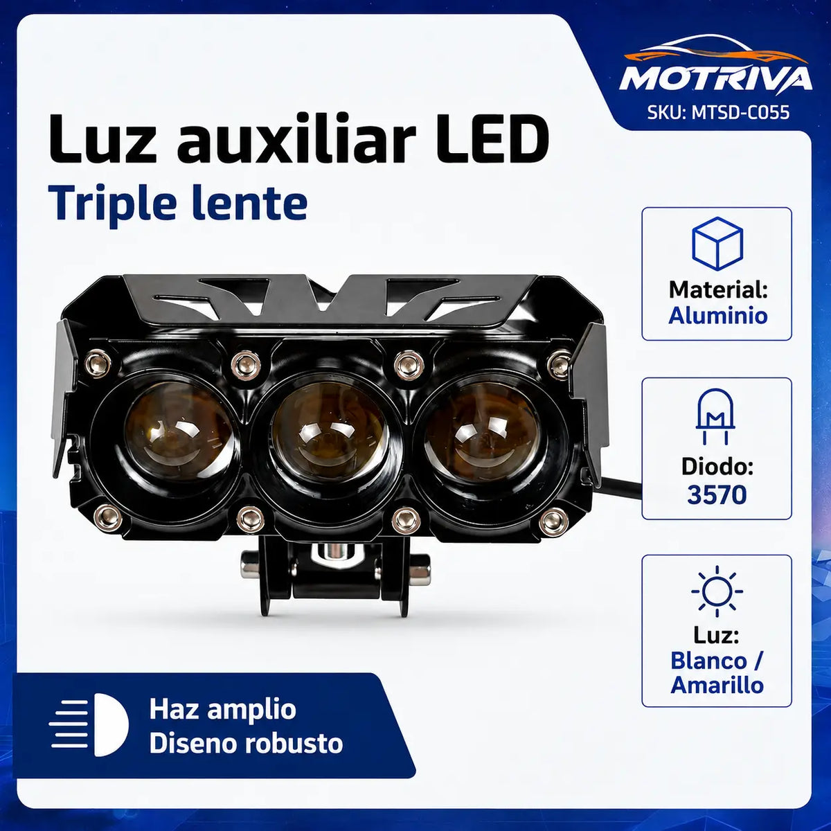 Luz Auxiliar LED DEEMASO MOTRIVA Triple Lente para Motocicleta MTSD-C055