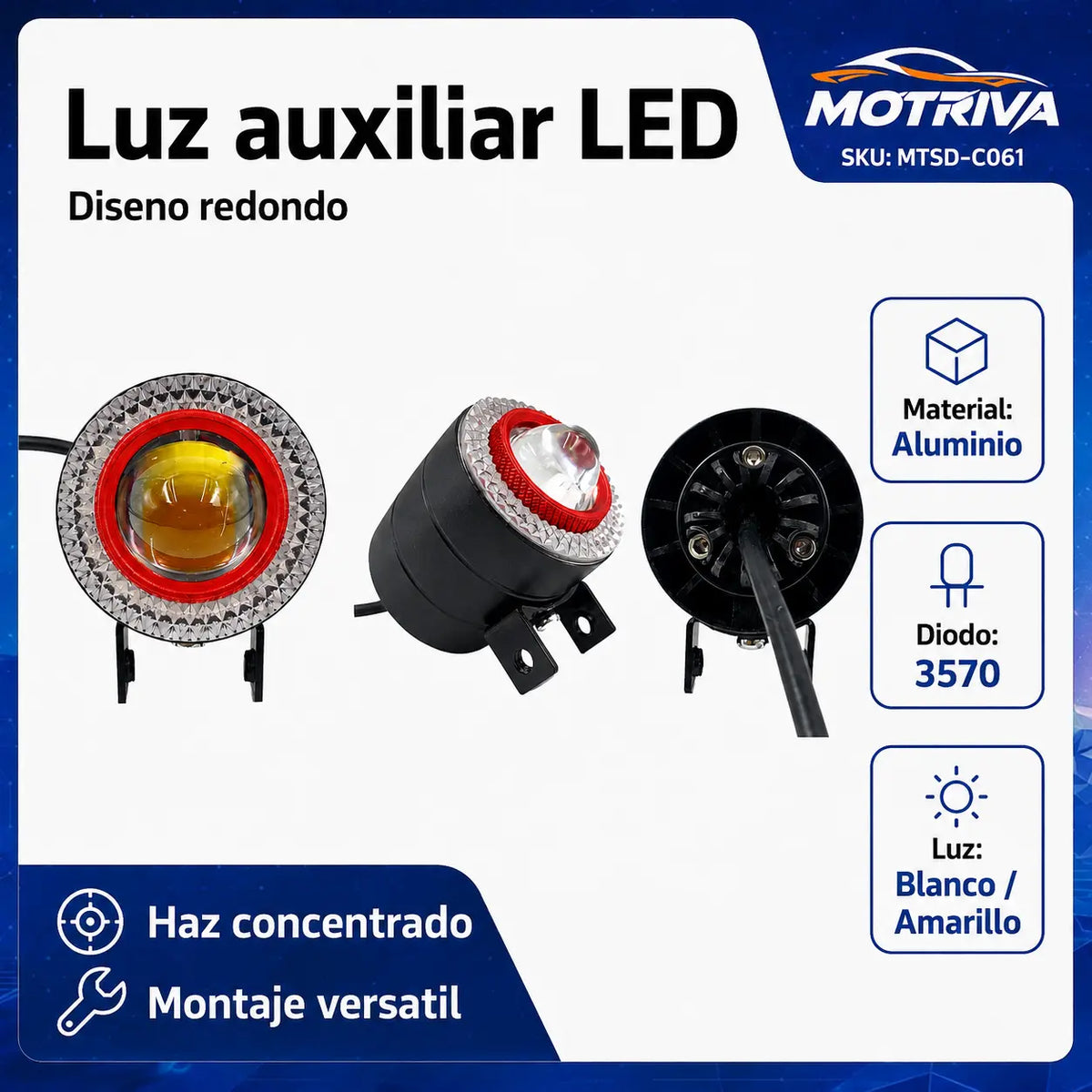 Luz Auxiliar LED Redonda DEEMASO MOTRIVA para Motocicleta MTSD-C061