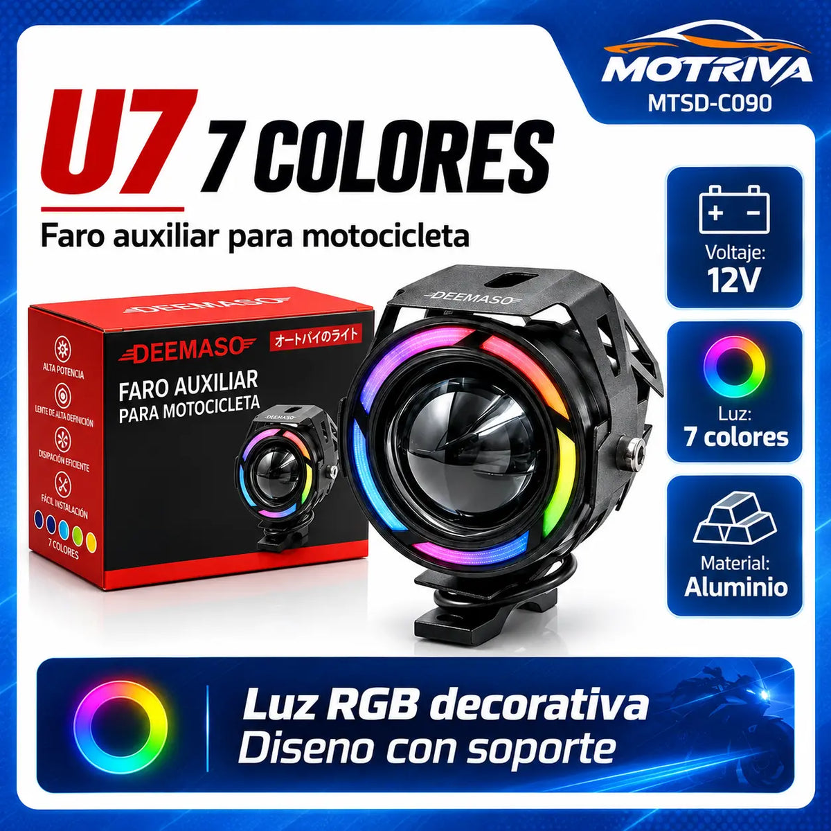 Faro Auxiliar LED U7 de 7 Colores 6W para Motocicleta 12V DEEMASO – MTSD-C090