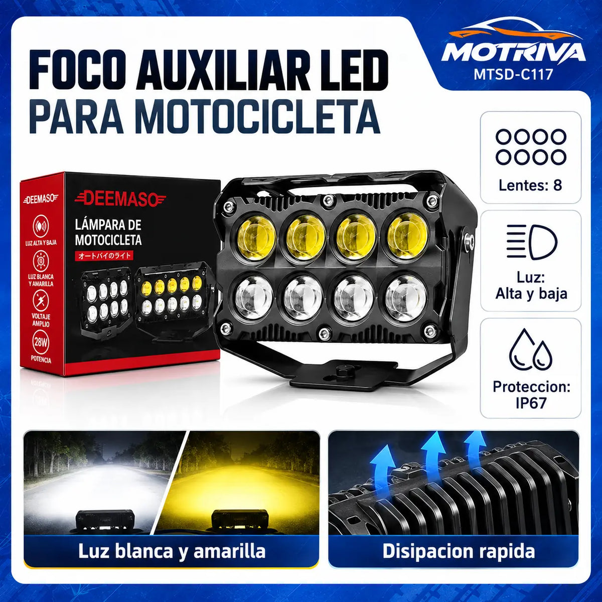 Juego de 2 Faros Auxiliares LED 8 Lentes 80W para Motocicleta DEEMASO – MTSD-C117