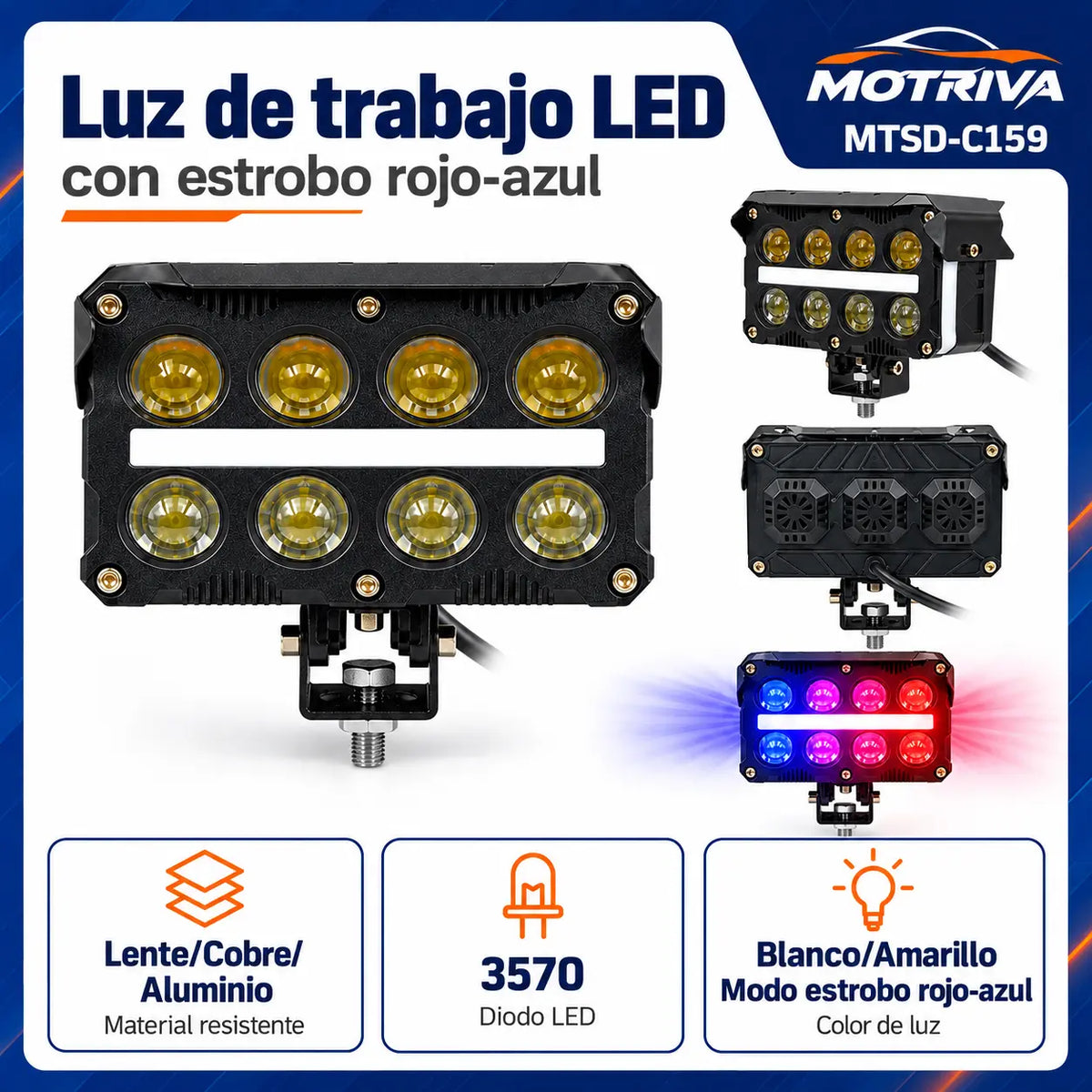 Luz de Trabajo LED con Estrobo Rojo-Azul MOTRIVA MTSD-C159