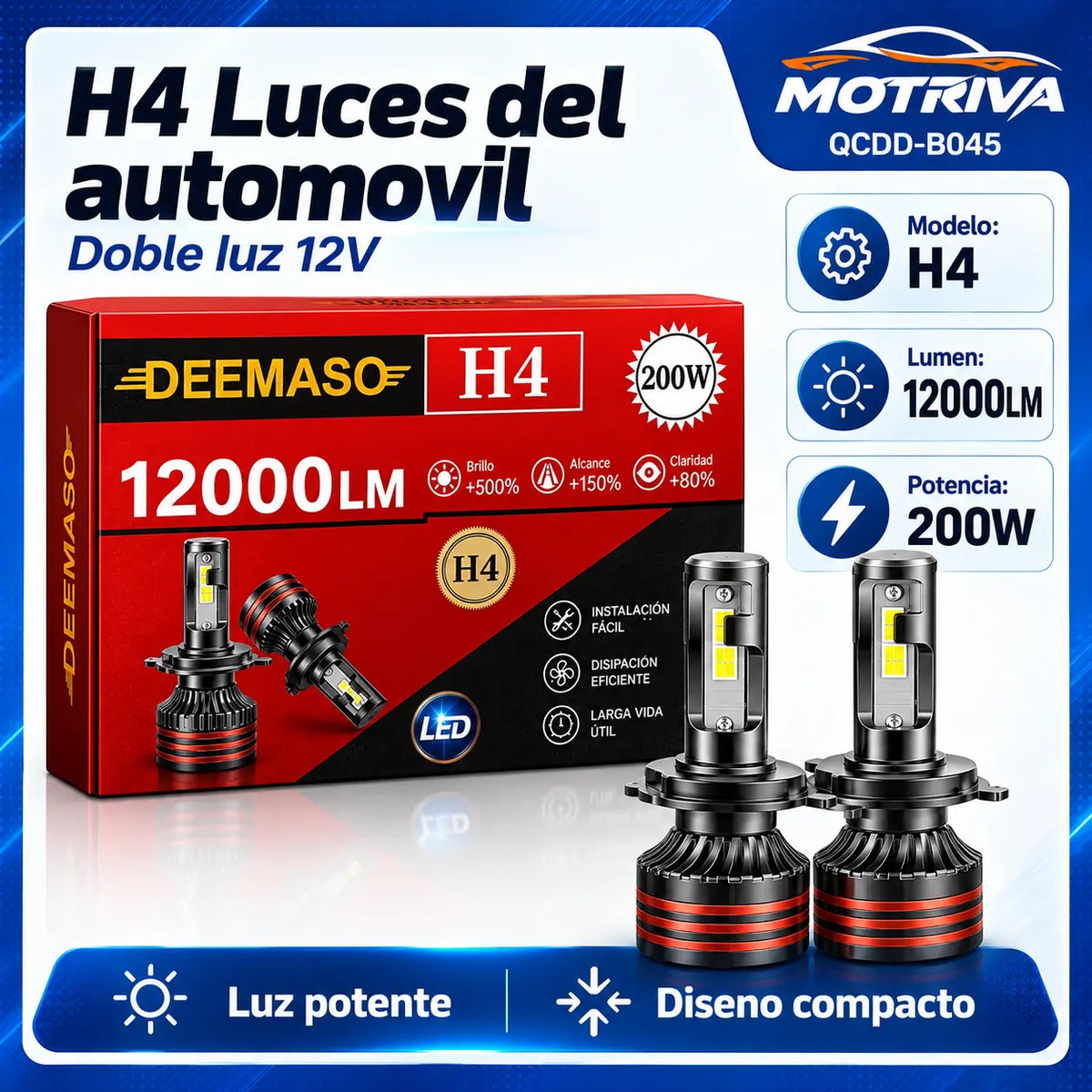 Bombilla LED H4 para Auto, 120W 12000LM, Doble Luz Alta y Baja, Kit de 2 Unidades