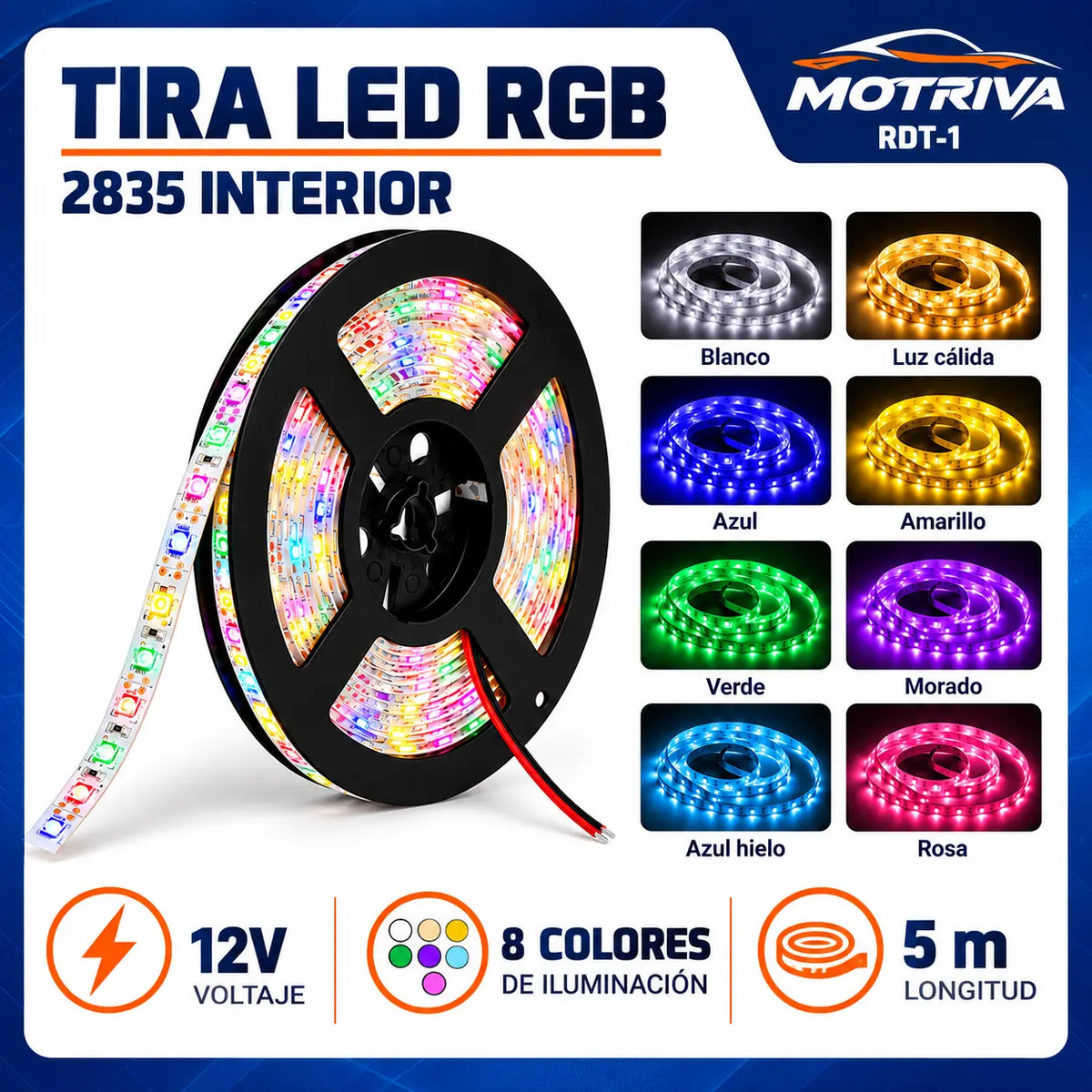 Tira LED RGB 2835 para Interior 12V 5 Metros MOTRIVA RDT-D001