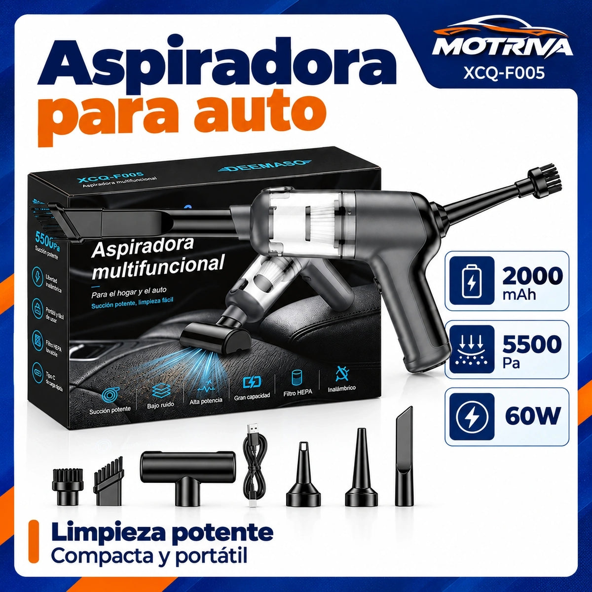 Aspiradora Inalámbrica para Auto MOTRIVA 60W 5500Pa con Filtro HEPA y Accesorios