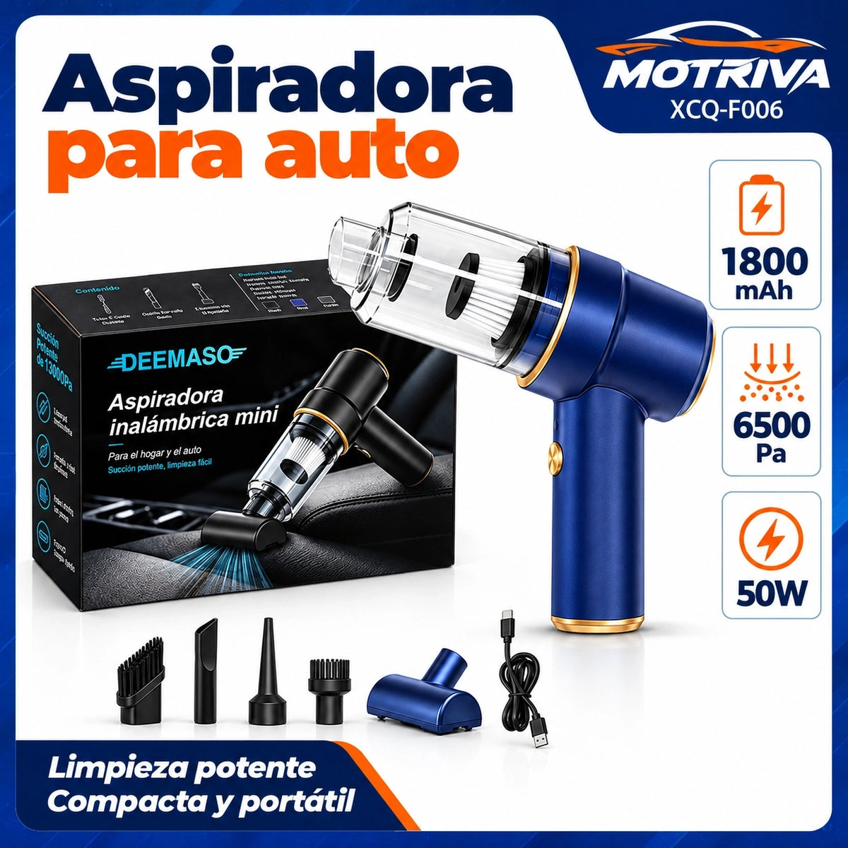 Aspiradora Inalámbrica Mini para Auto MOTRIVA 50W 6500Pa con Accesorios