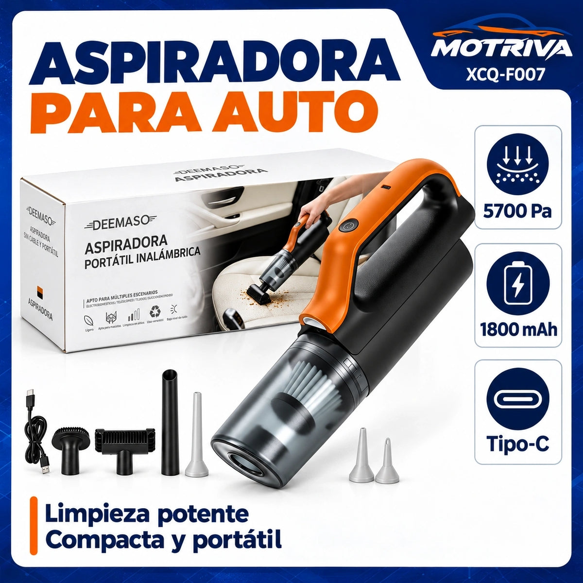 Aspiradora Inalámbrica para Auto MOTRIVA 5700Pa con Batería 1800mAh y Carga Tipo-C
