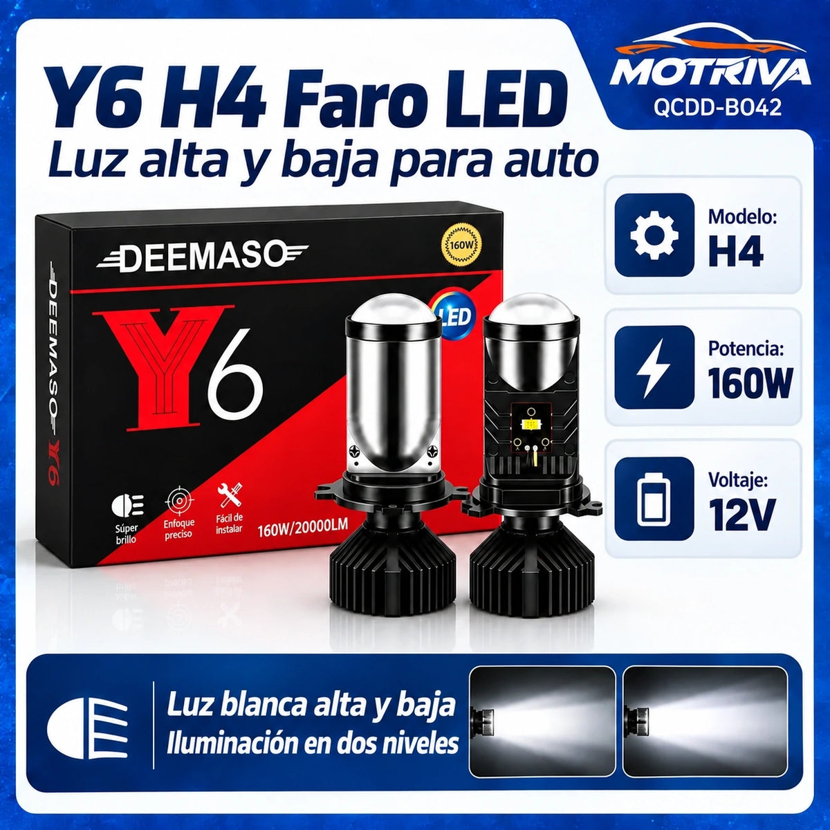 Faro LED Y6 H4 para Auto Doble Luz 160W 20000LM con Lente Grande